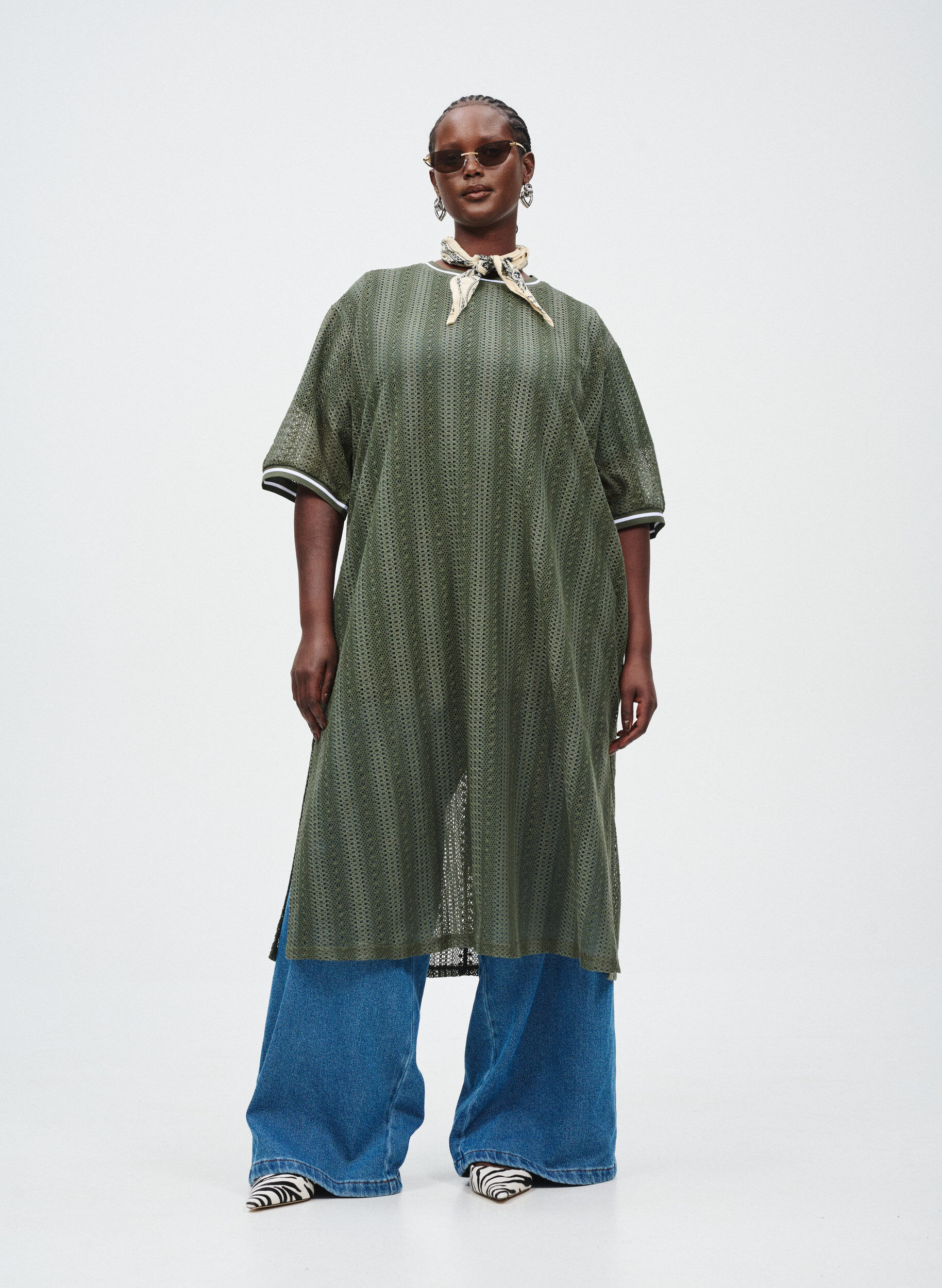 Zizzifashion Midi dress with openwork pattern and short sleeves, Green, Image image number 0