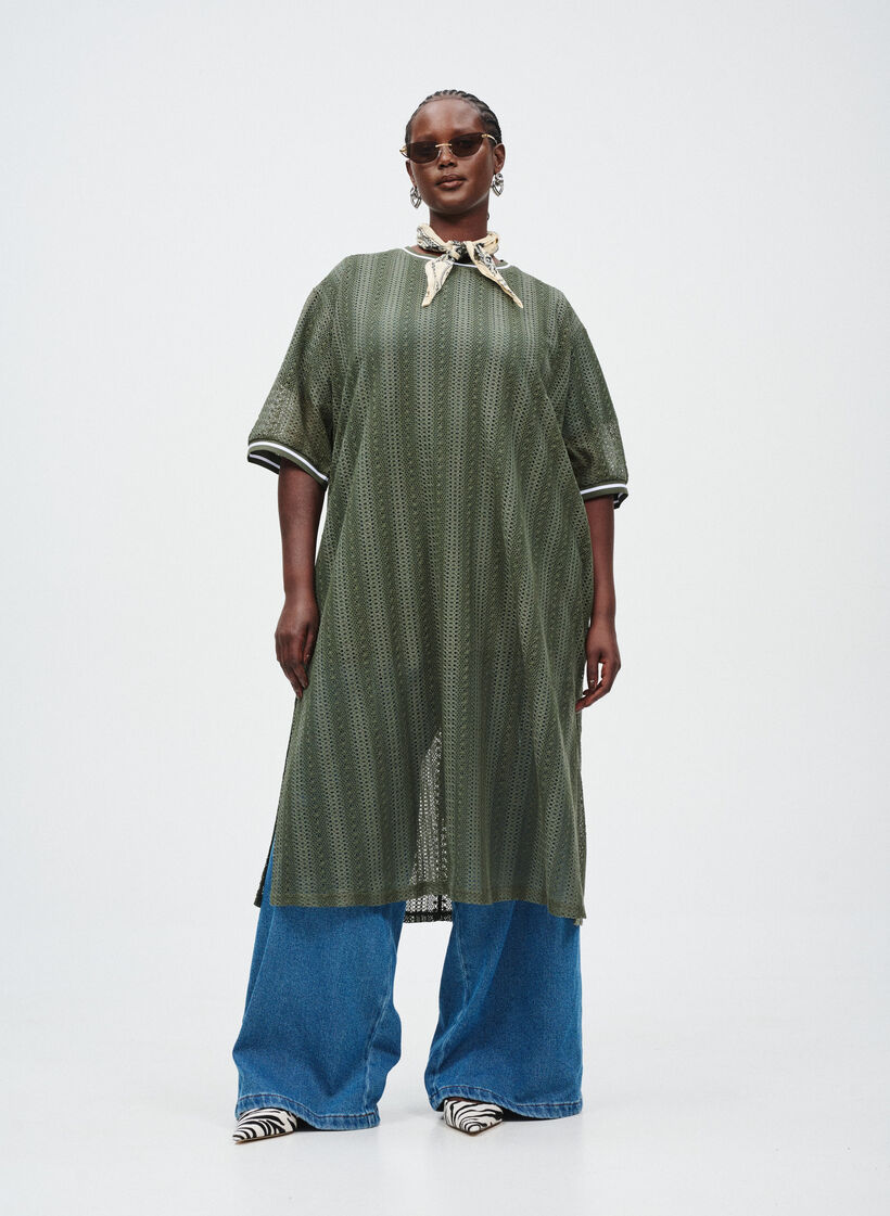 Midi dress with openwork pattern and short sleeves, Green, Image