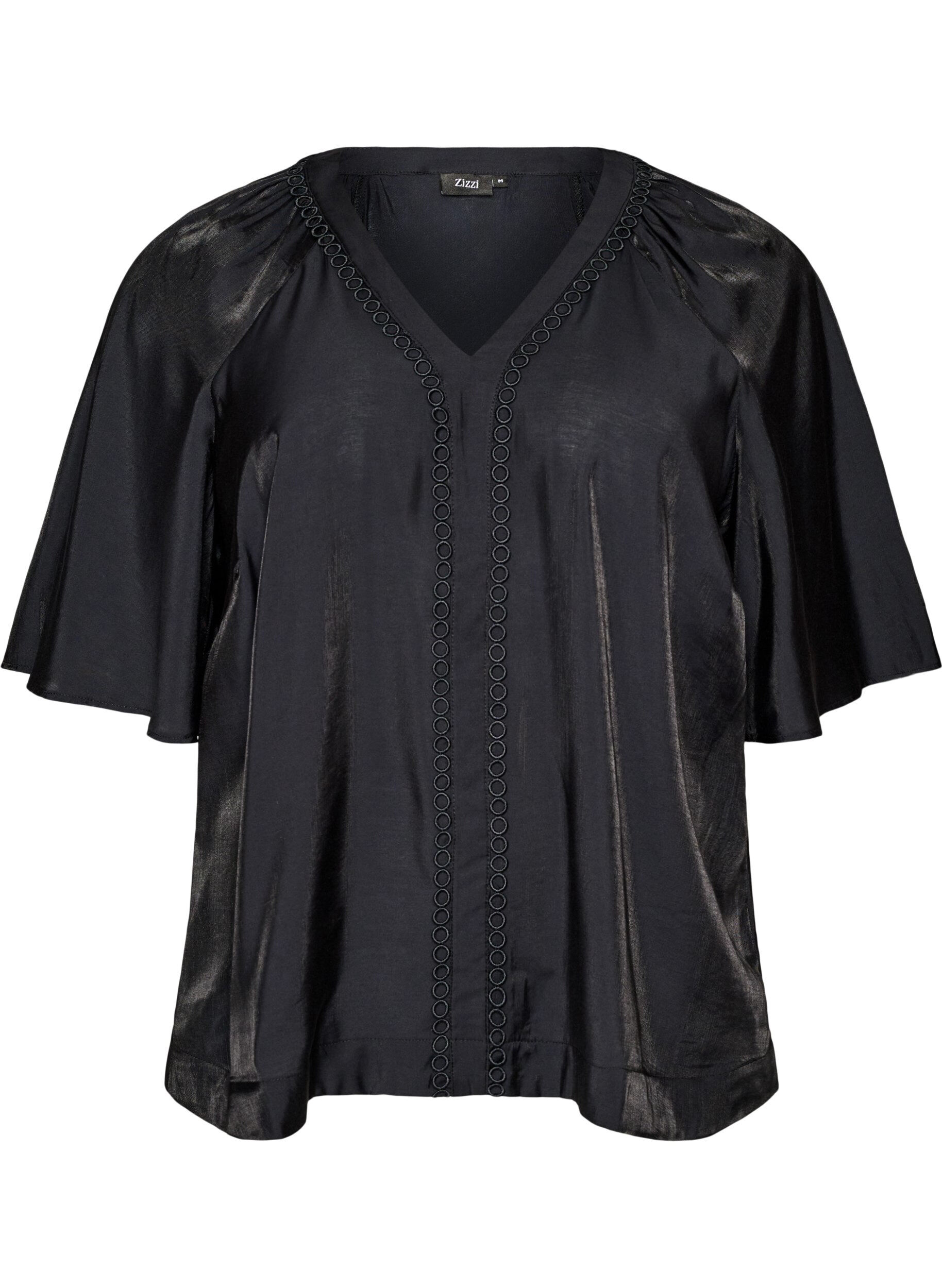 Zizzifashion Viscose blouse with V-neck and decorative details, Black, Packshot image number 0