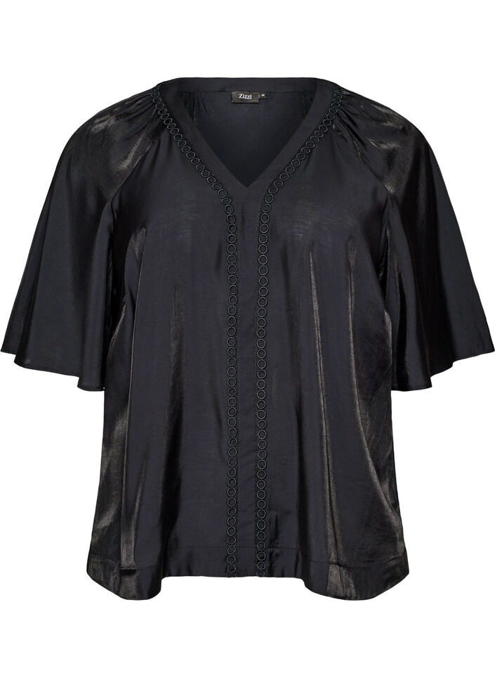 Viscose blouse with V-neck and decorative details, Black, Packshot image number 0