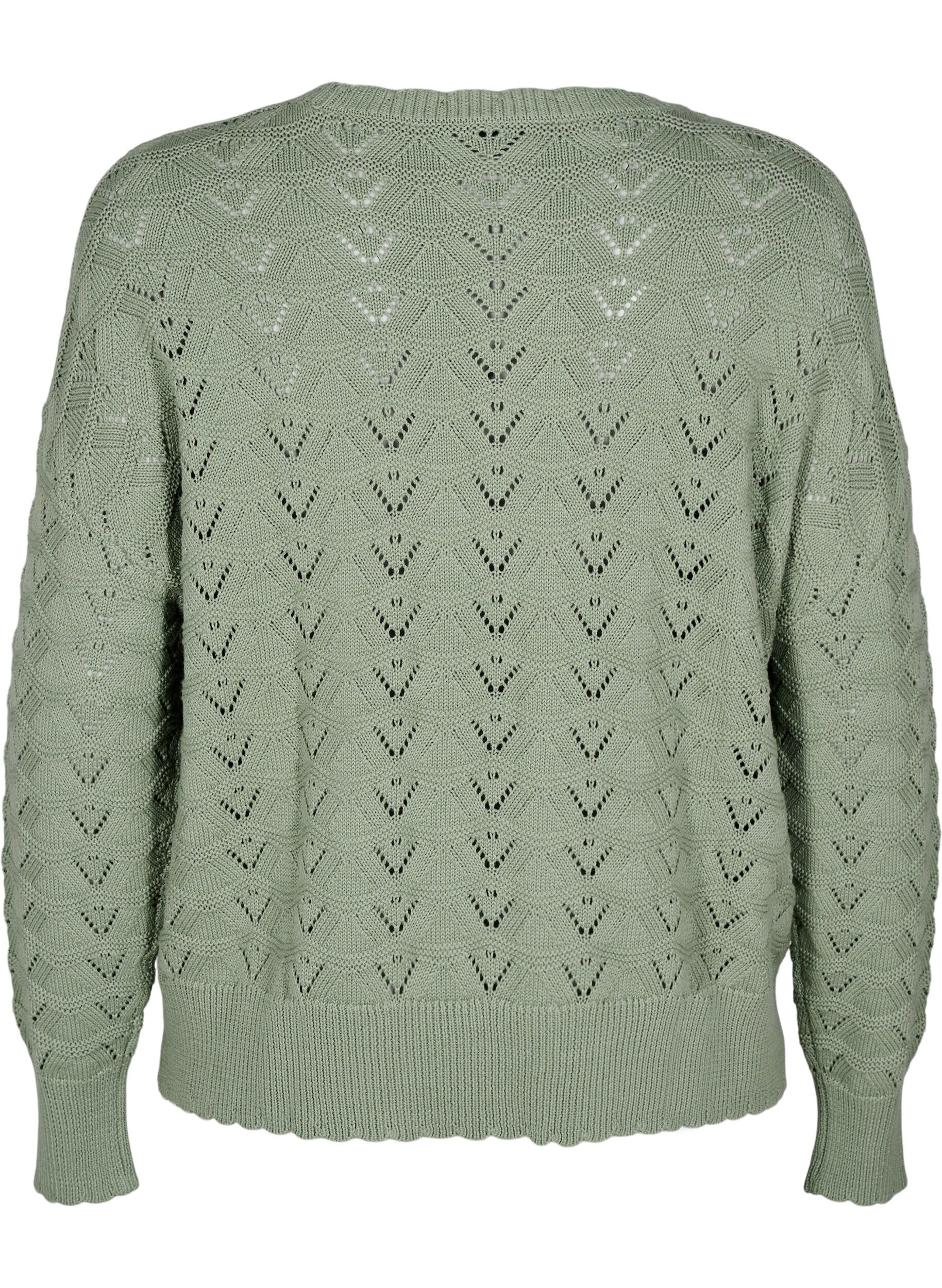 Zizzifashion Long-sleeved knit blouse with an openwork pattern, Green Bay, Packshot image number 1