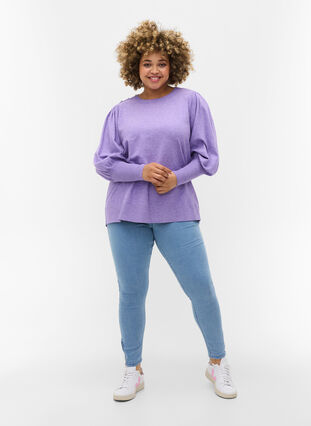 Knitted ribbed sweater with balloon sleeves, Paisley Purple Mel, Model image number 2