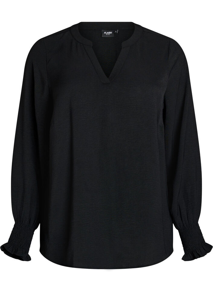 Blouse with smock cuffs and V-neck, Black, Packshot image number 0