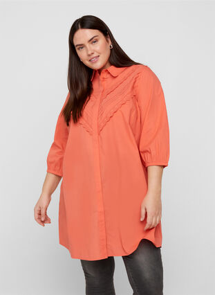 Cotton tunic with 3/4 sleeves and lace, Coral, Model image number 0