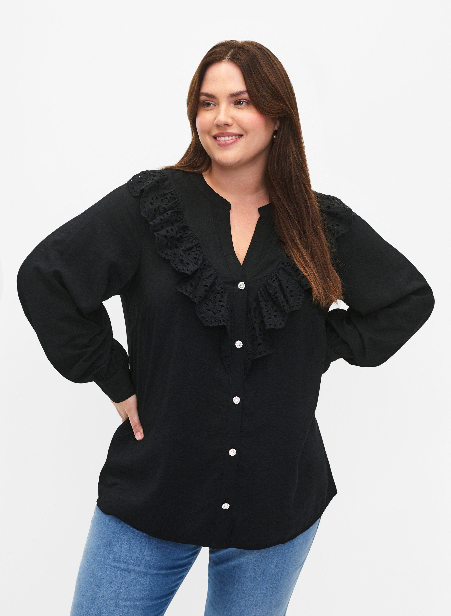 Zizzifashion Viscose shirt blouse with ruffles, Black, Model image number 0