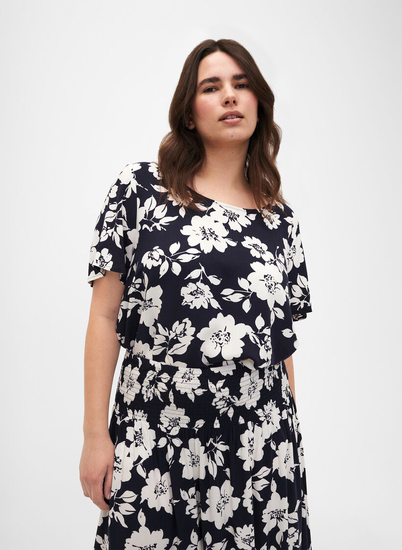 FLASH - Short sleeve viscose blouse with print, Blue, Model image number 0