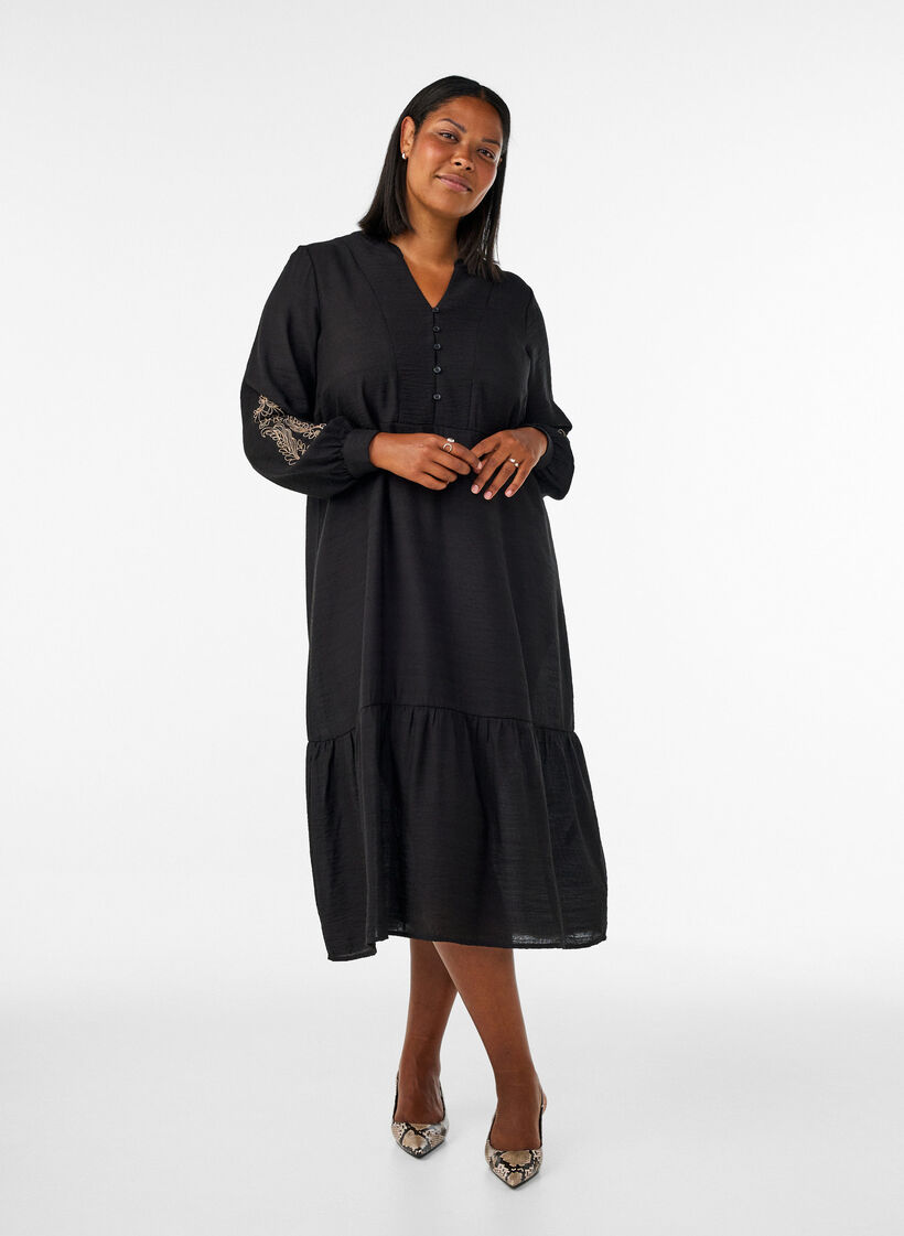 Viscose dress with embroidery and tiered ruffles, Black, Model image number 0