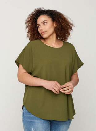 Blouse with short sleeves and a round neckline, Ivy Green, Model image number 0