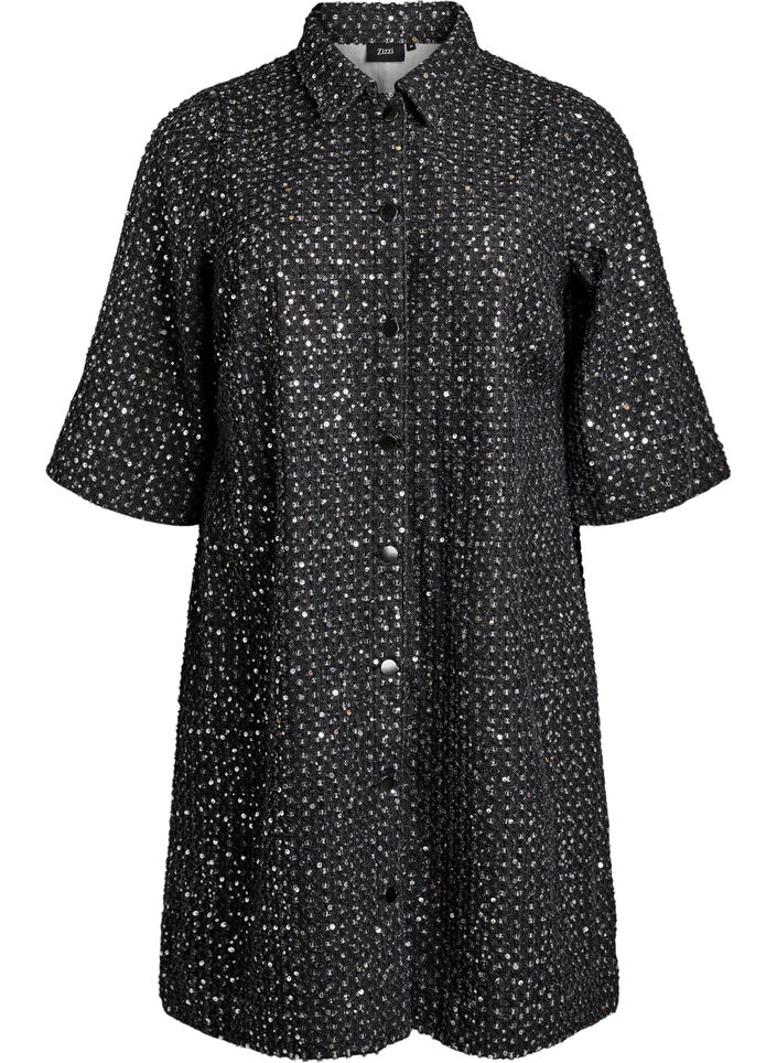 Denim dress with sequins and 3/4 sleeves, Black, Packshot image number 0