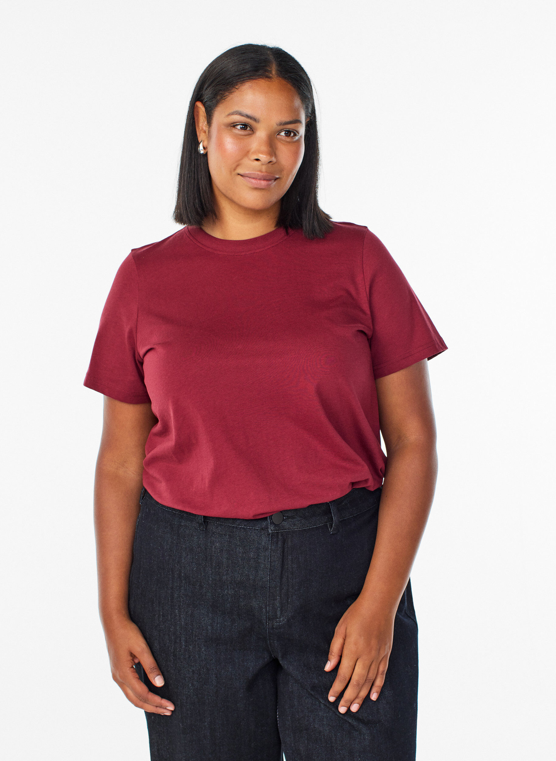 ZizzifashionBasic cotton T-shirt with round neck, Dark Bordeaux, Model image number 0