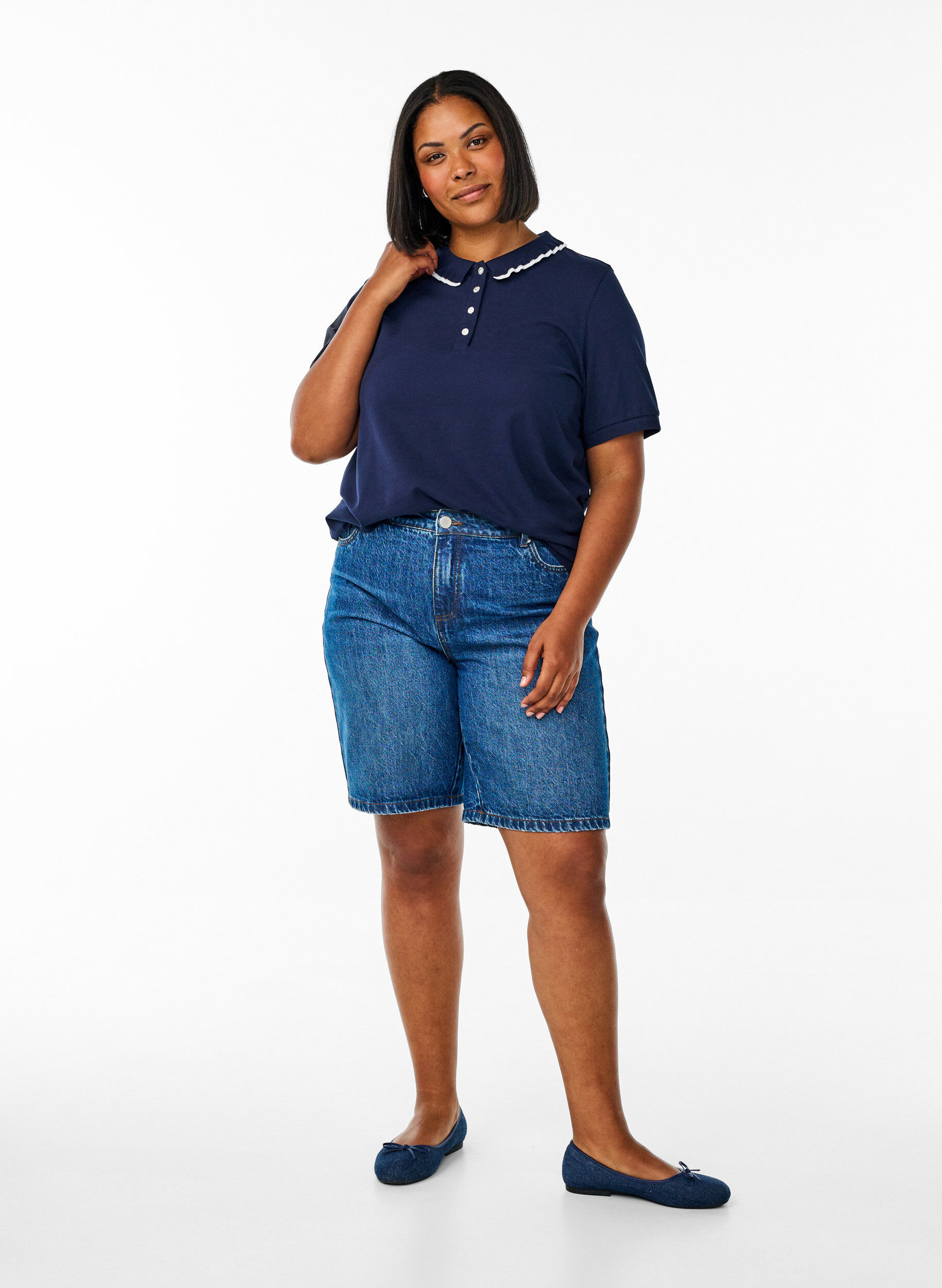 Zizzifashion Polo shirt with rhinestone buttons and ruffle detail, Blue, Model image number 1