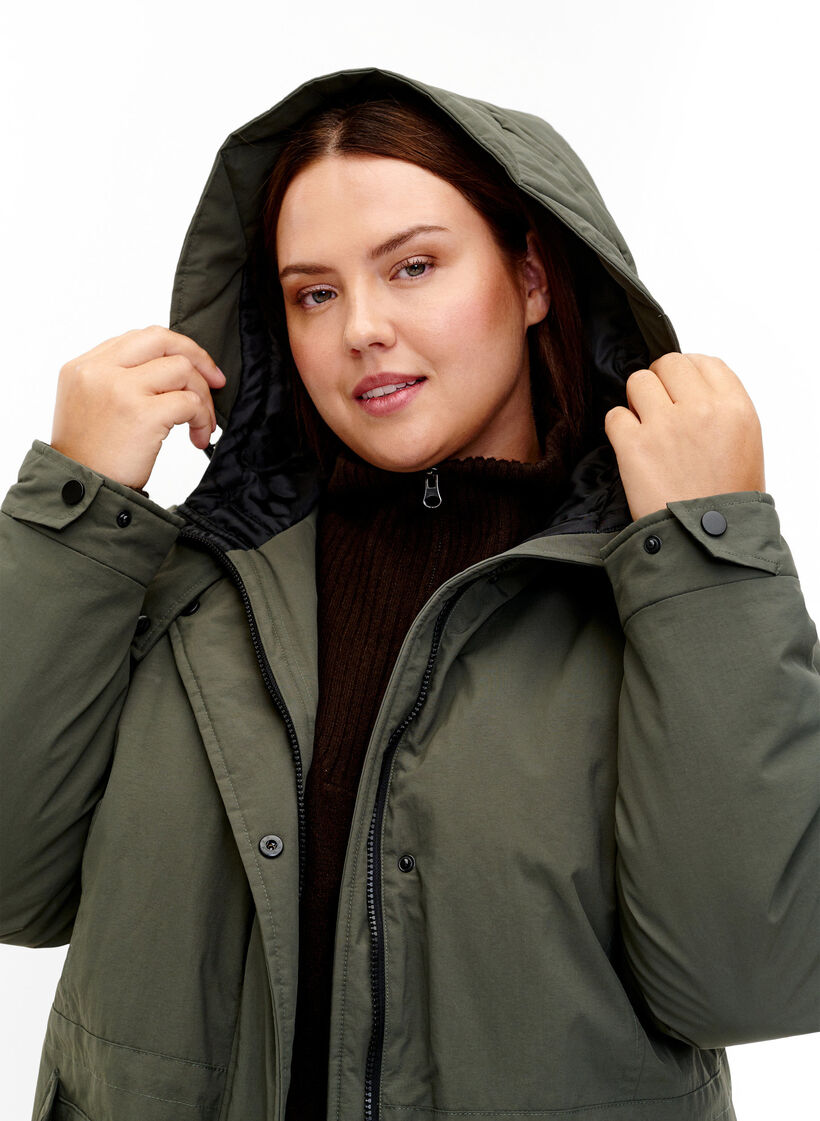Parka coat with hood and adjustable waist, Black Olive, Model image number 3