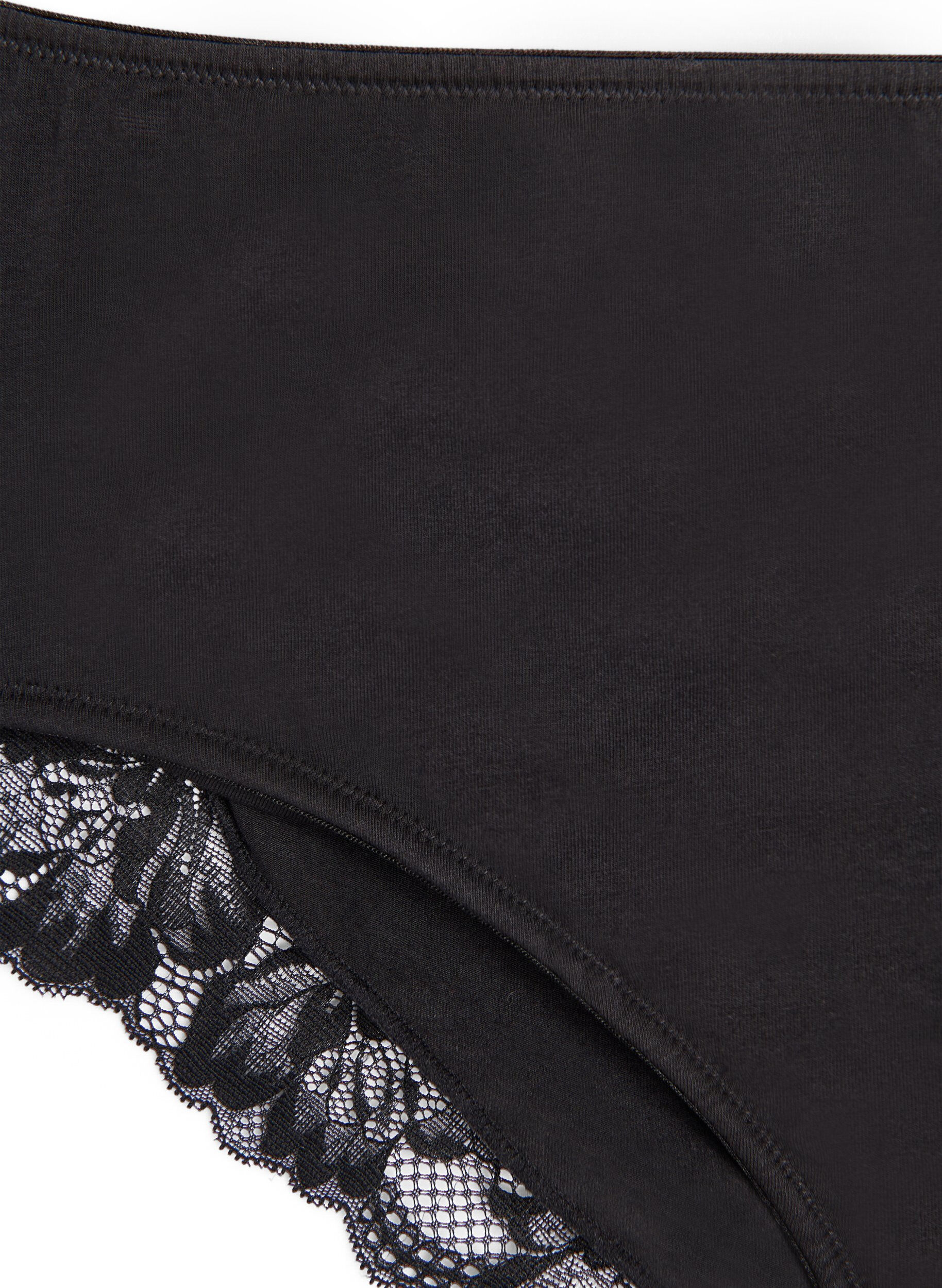 Zizzifashion Cotton panties with an inside pocket and lace, Black, Packshot image number 2