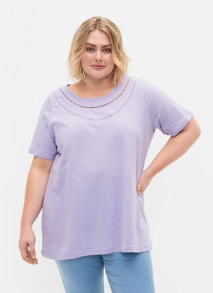 Cotton t-shirt with lace ribbon, Lavender, Model image number 0