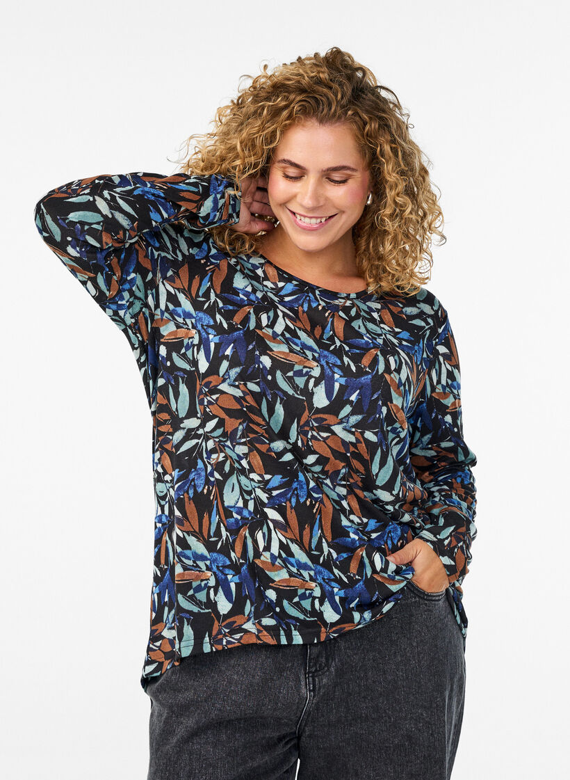 Patterned blouse with long sleeves, Blue, Model image number 0
