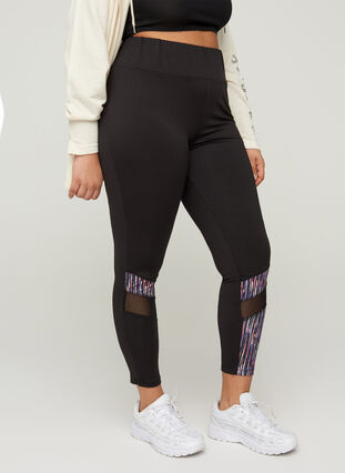 Cropped sports tights with print and mesh, Black, Model image number 0