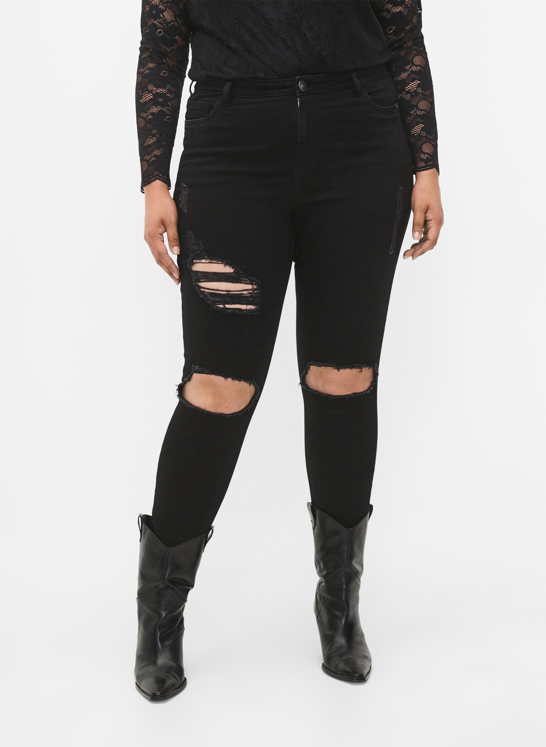 Zizzifashion Tight-fitting jeans with rip details, Black, Model image number 2