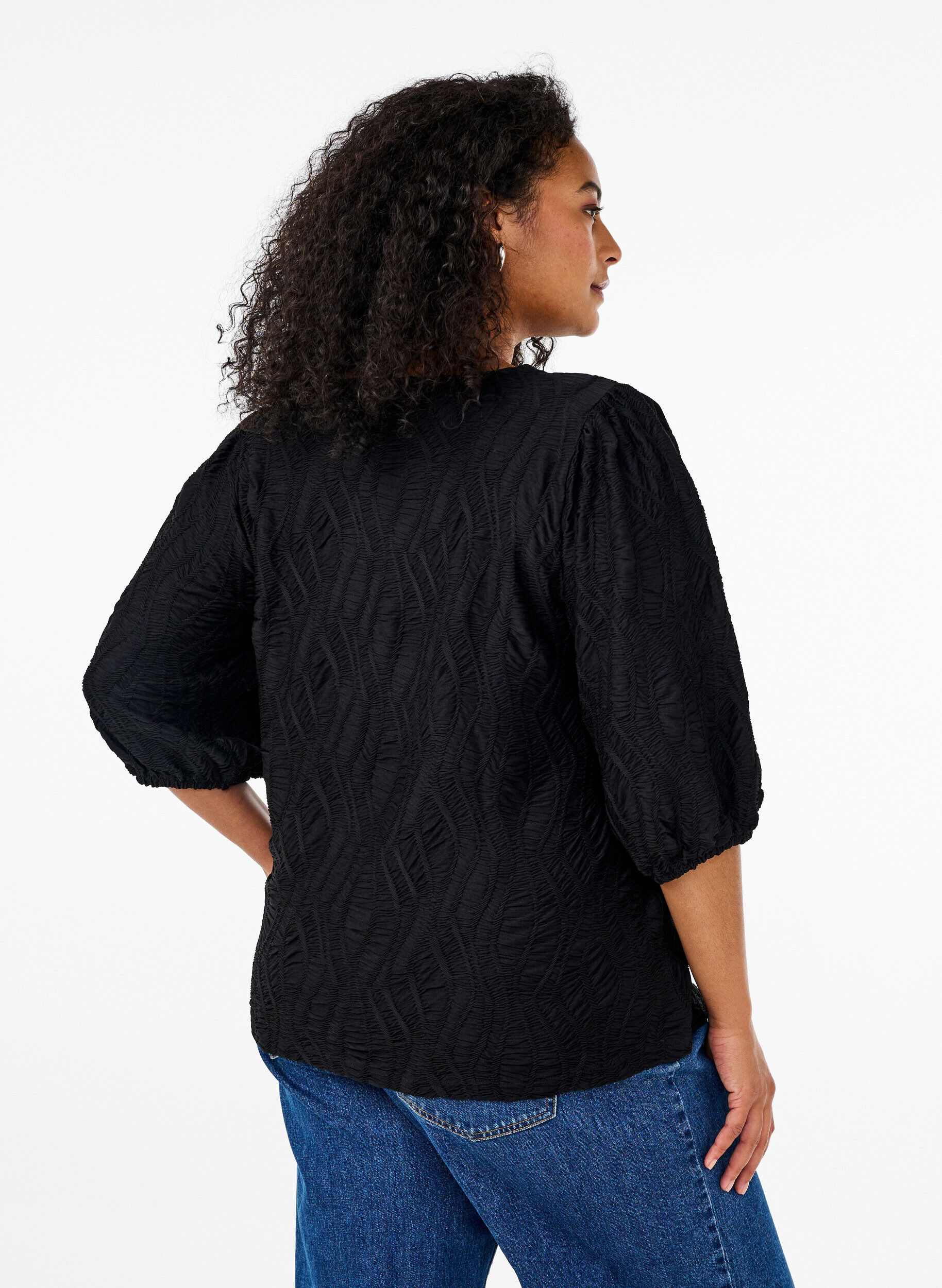 Zizzifashion Blouse with texture and 3/4 sleeves, Black, Model image number 2