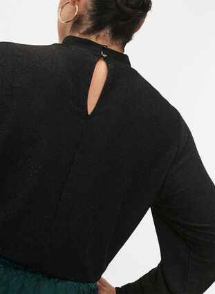 Long-sleeved glitter blouse with round neck and V-detail, Black Black, Model image number 2