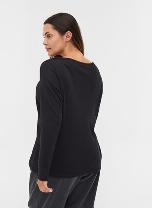 Ribbed cotton blouse with V-neck and ruching, Black, Model image number 1