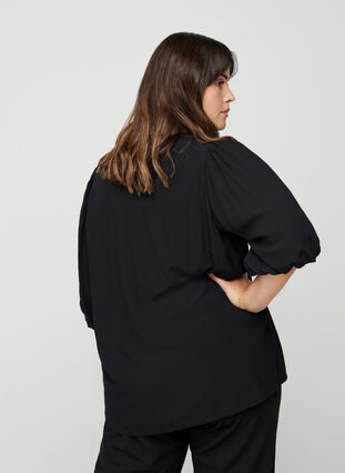Viscose blouse with balloon sleeves, Black, Model image number 1