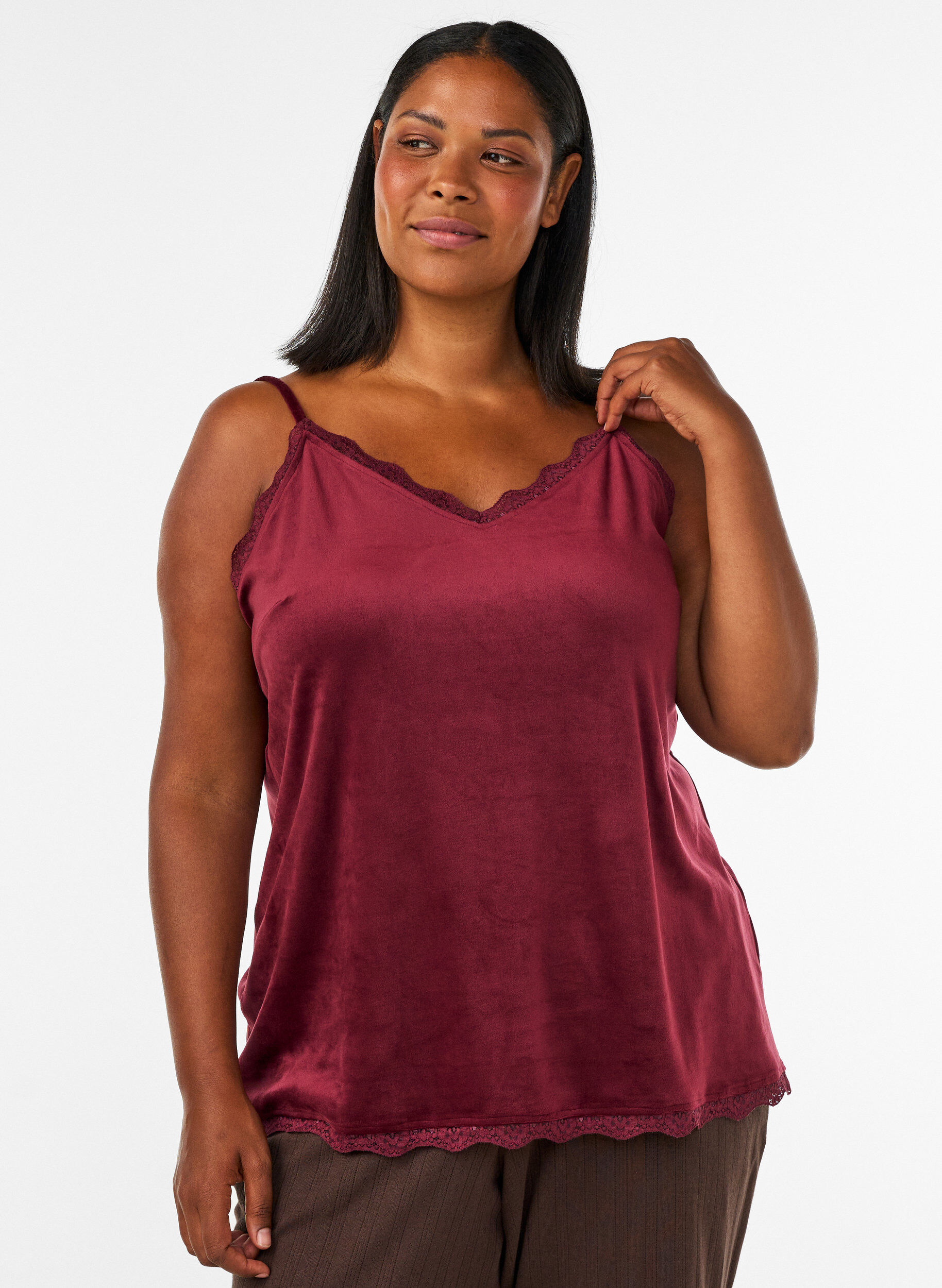 Velour top with lace trim, Red, Model