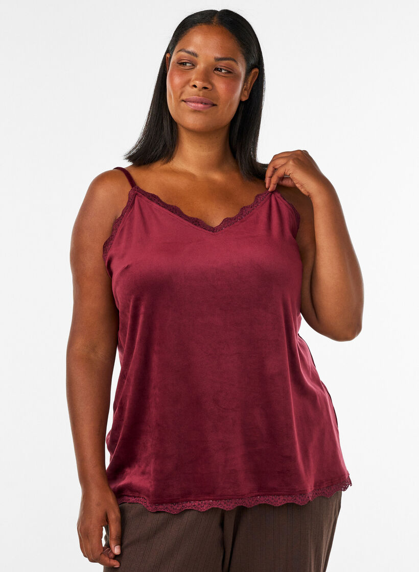 Velour top with lace trim, Red, Model image number 0