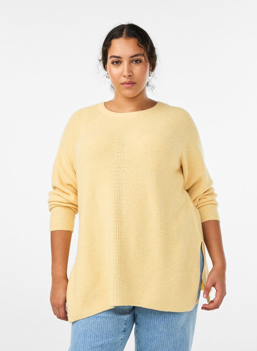 Knitted jumper with a diagonal pattern and raglan sleeves, Yellow, Model image number 0