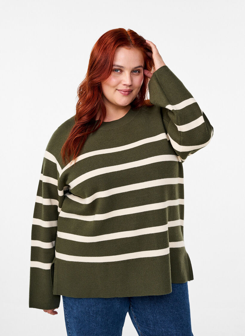 Striped knitted blouse with round neck, D. Bag Birch Stripe, Model image number 0