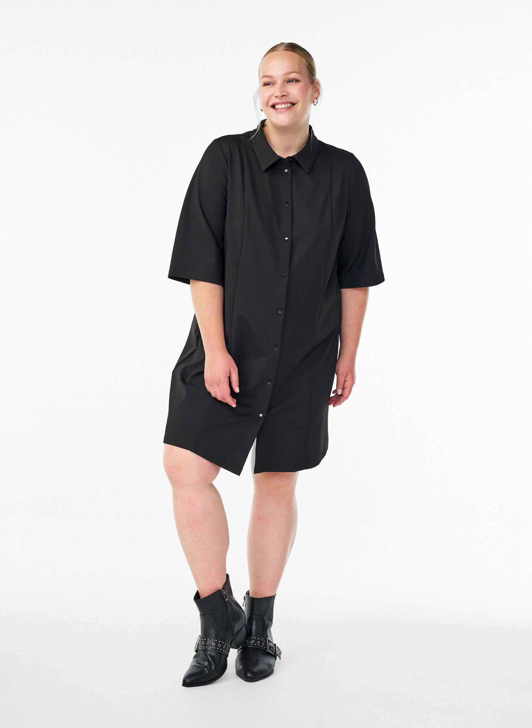 Zizzifashion Short shirt dress with 3/4 sleeves, Black, Model image number 1