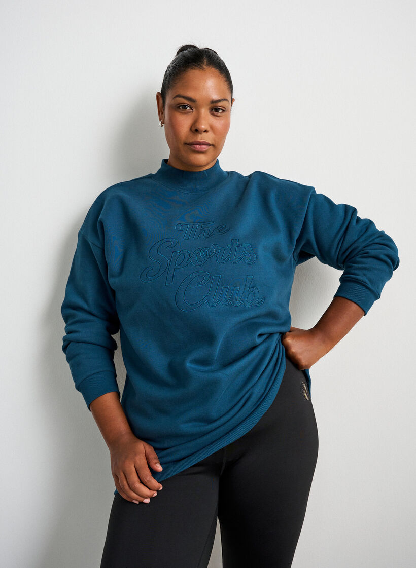 Long sweatshirt with high neck and embroidered text, Blue, Model image number 0