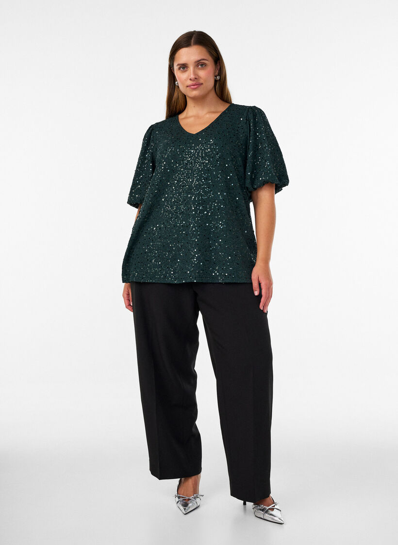 Sequin blouse with balloon sleeves, Green, Model image number 1