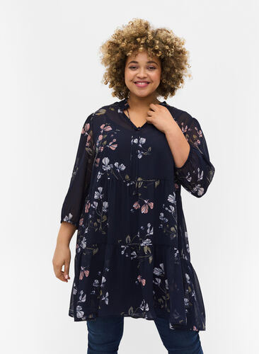 Floral print tunic with 3/4 sleeves, Night Sky Flower, Model image number 0