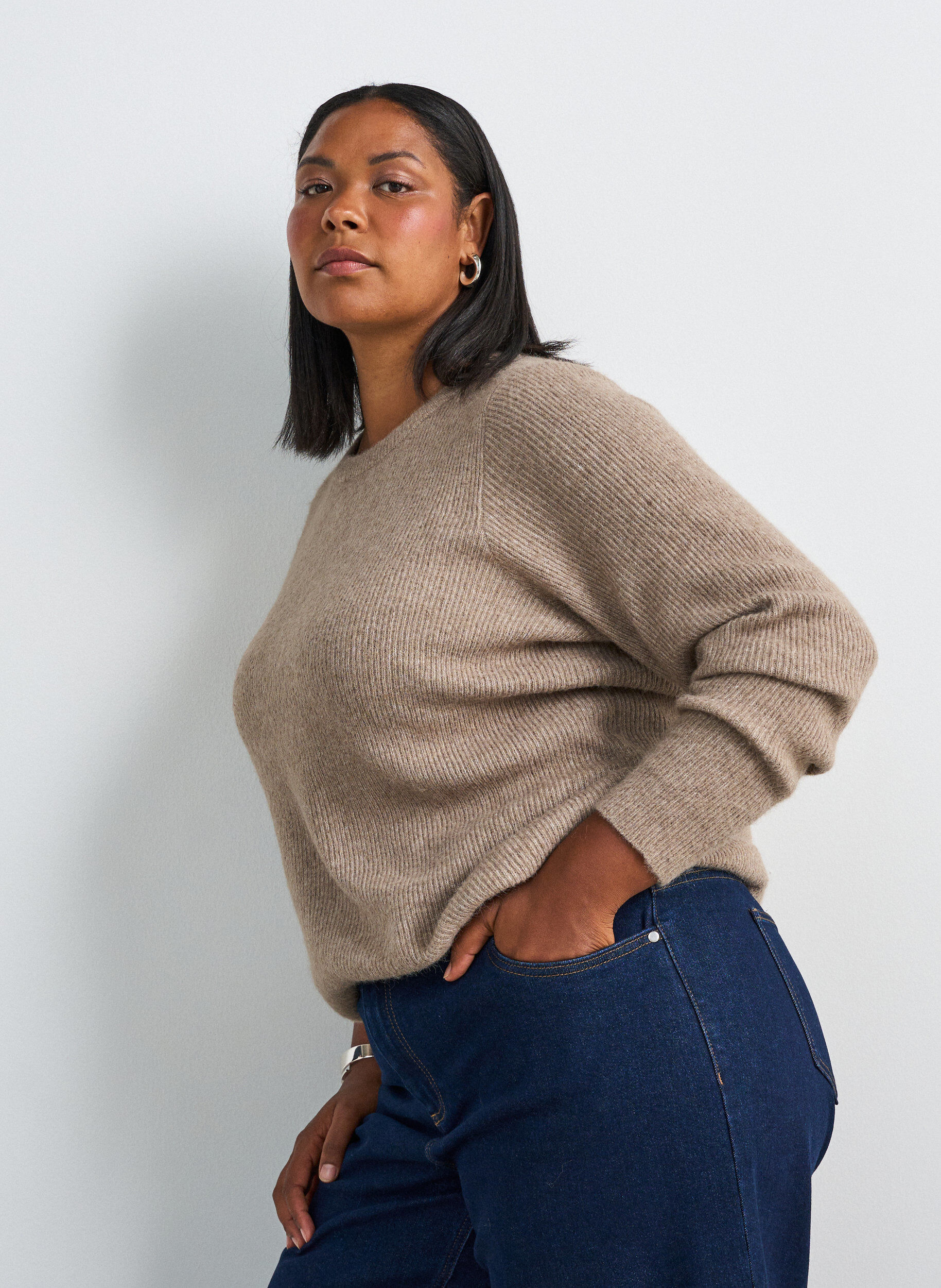 ZizzifashionMelange knit blouse with round neck, Beige, Model image number 0