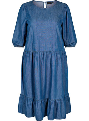 Denim dress made of cotton with 3/4 sleeves, Blue, Packshot image number 0