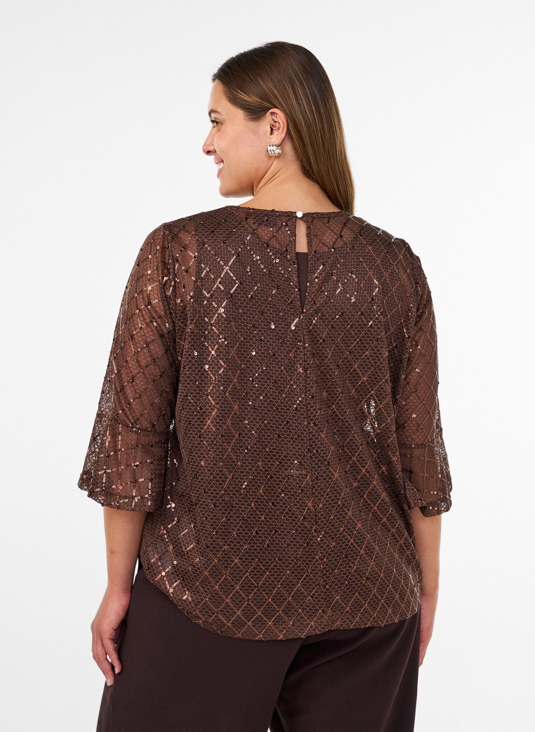 ZizzifashionSheer blouse with sequins and a diamond pattern, Brown, Model image number 2