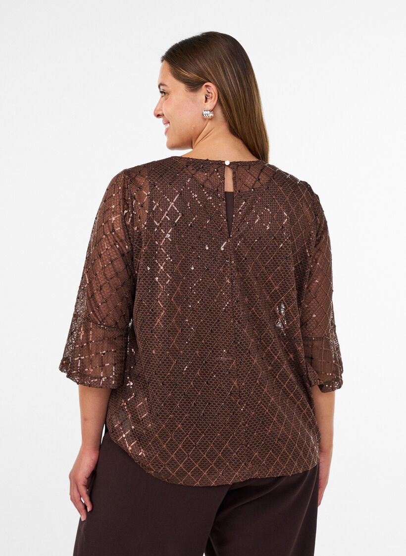 Sheer blouse with sequins and a diamond pattern, Brown, Model image number 2