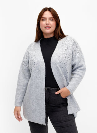 Knitted cardigan with sequins, Light Grey Melange, Model image number 0