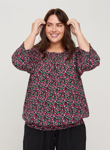 Printed viscose blouse with smock and 3/4 sleeves, Black AOP, Model image number 0