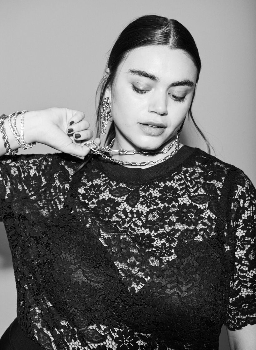 Lace blouse with short sleeves and round neck, Black, Image