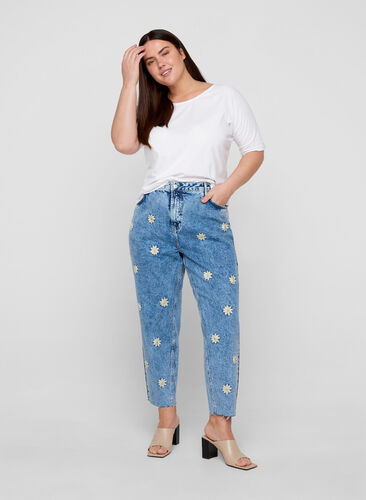 Mille mom fit jeans with flowers, Blue denim w. flower, Model image number 0