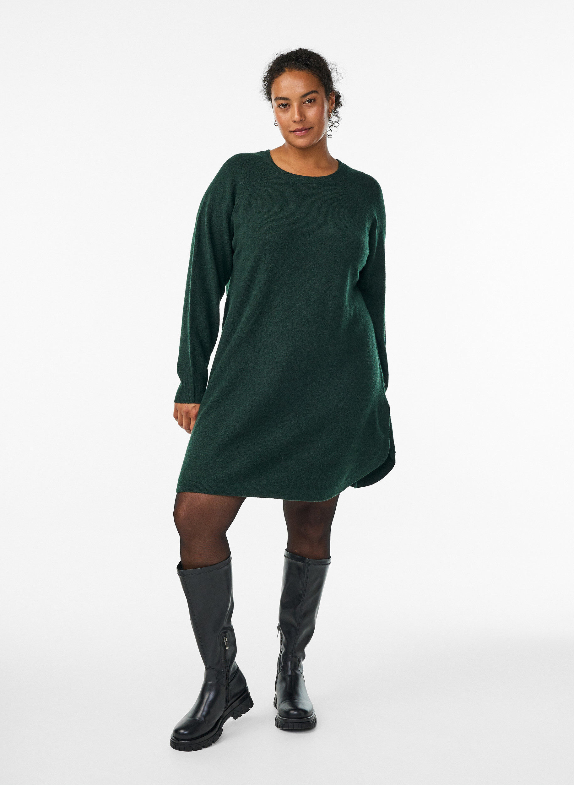 Zizzifashion Short knitted dress with a round neck, Green, Model image number 1