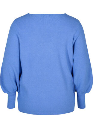 Knitted blouse with v-neck and puff sleeves, Ultramarine Mel, Packshot image number 1
