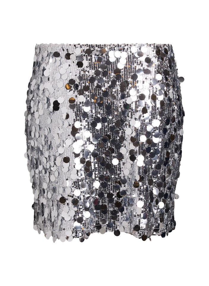 Short sequin skirt with an elasticated waistband, Silver, Packshot image number 1