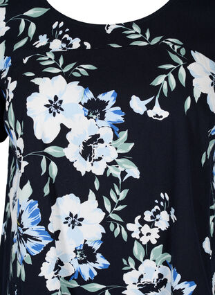 Short-sleeved, printed cotton dress, Black Blue Flowers, Packshot image number 2