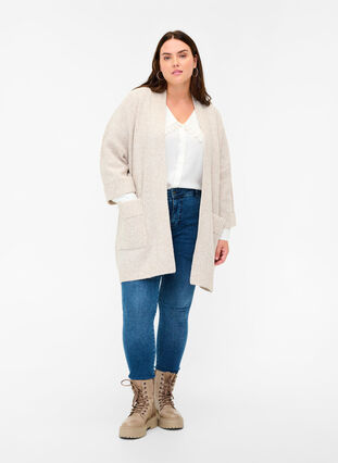 Long knitted cardigan with large pockets, Pumice Stone Mel, Model image number 2