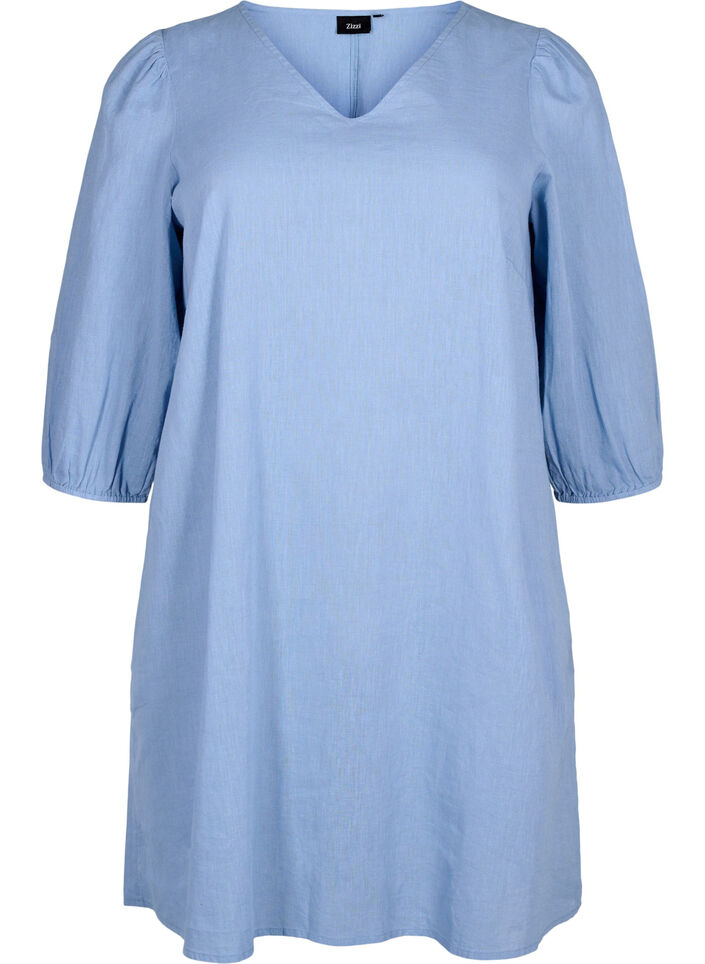 Cotton blend short dress with linen, Faded Denim, Packshot image number 0