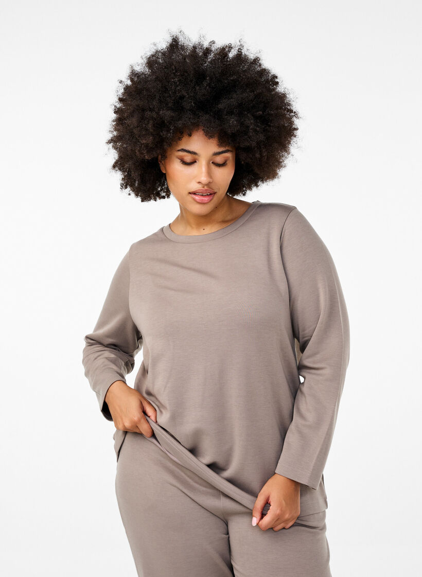 Modal blend blouse with a round neck, Beige, Model image number 0