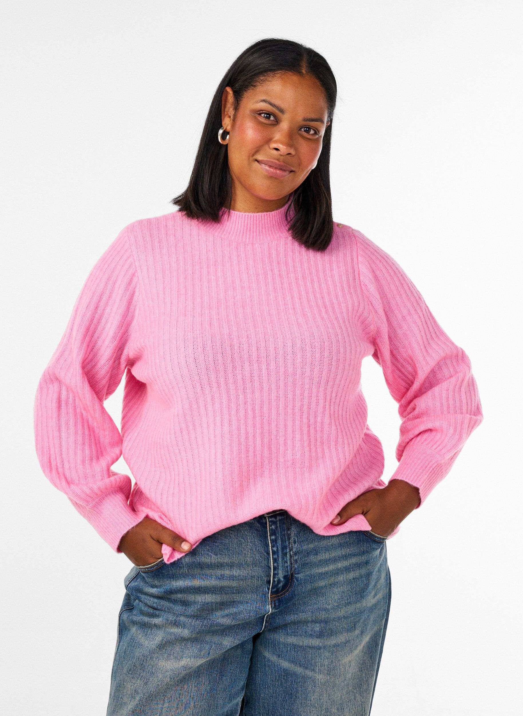ZizzifashionRibbed jumper with puff sleeves and buttons, Pink, Model image number 0