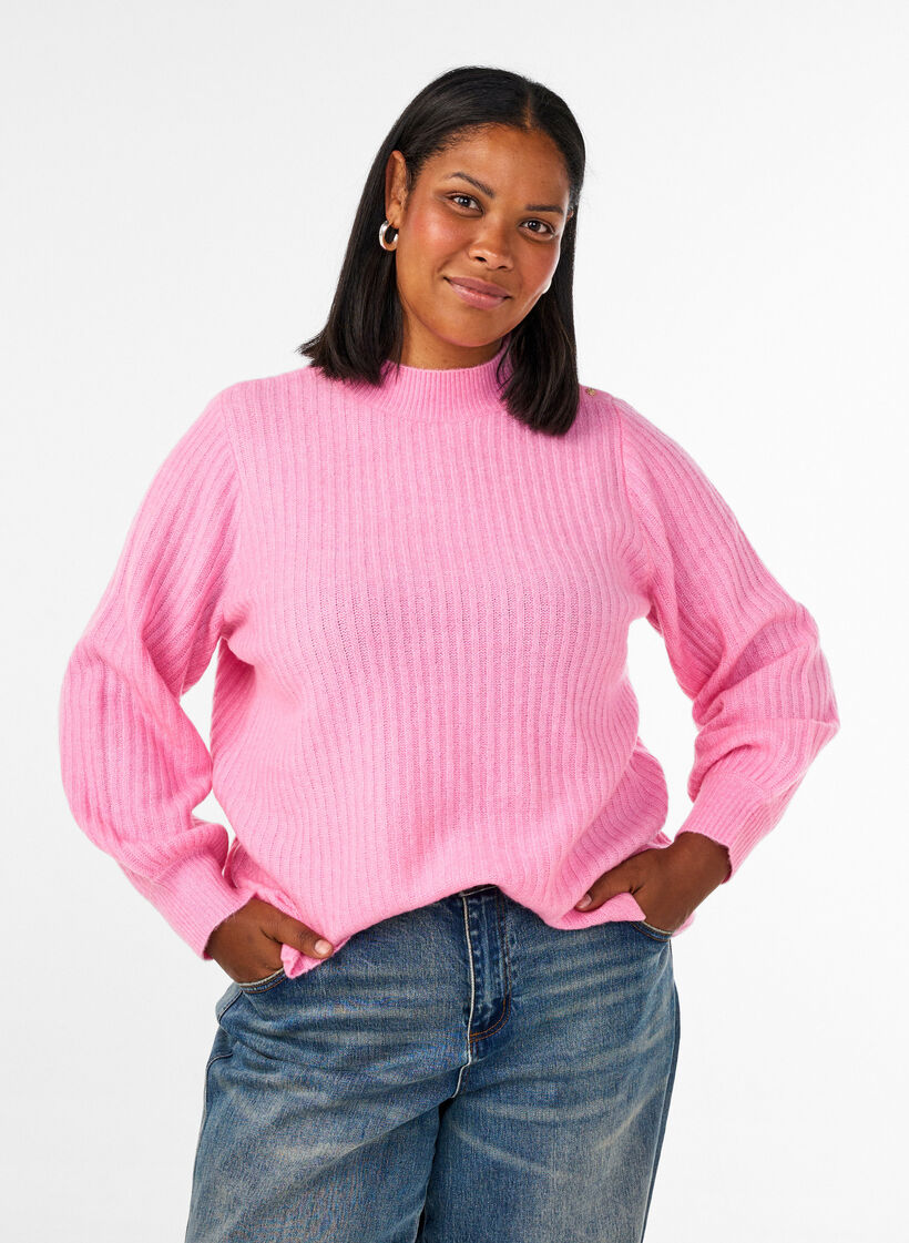 Ribbed jumper with puff sleeves and buttons, Pink, Model image number 0